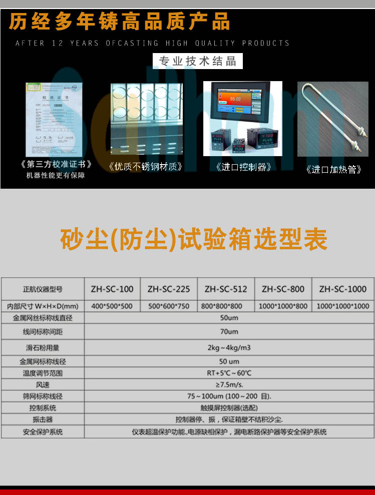 耐塵試驗箱參數表介紹